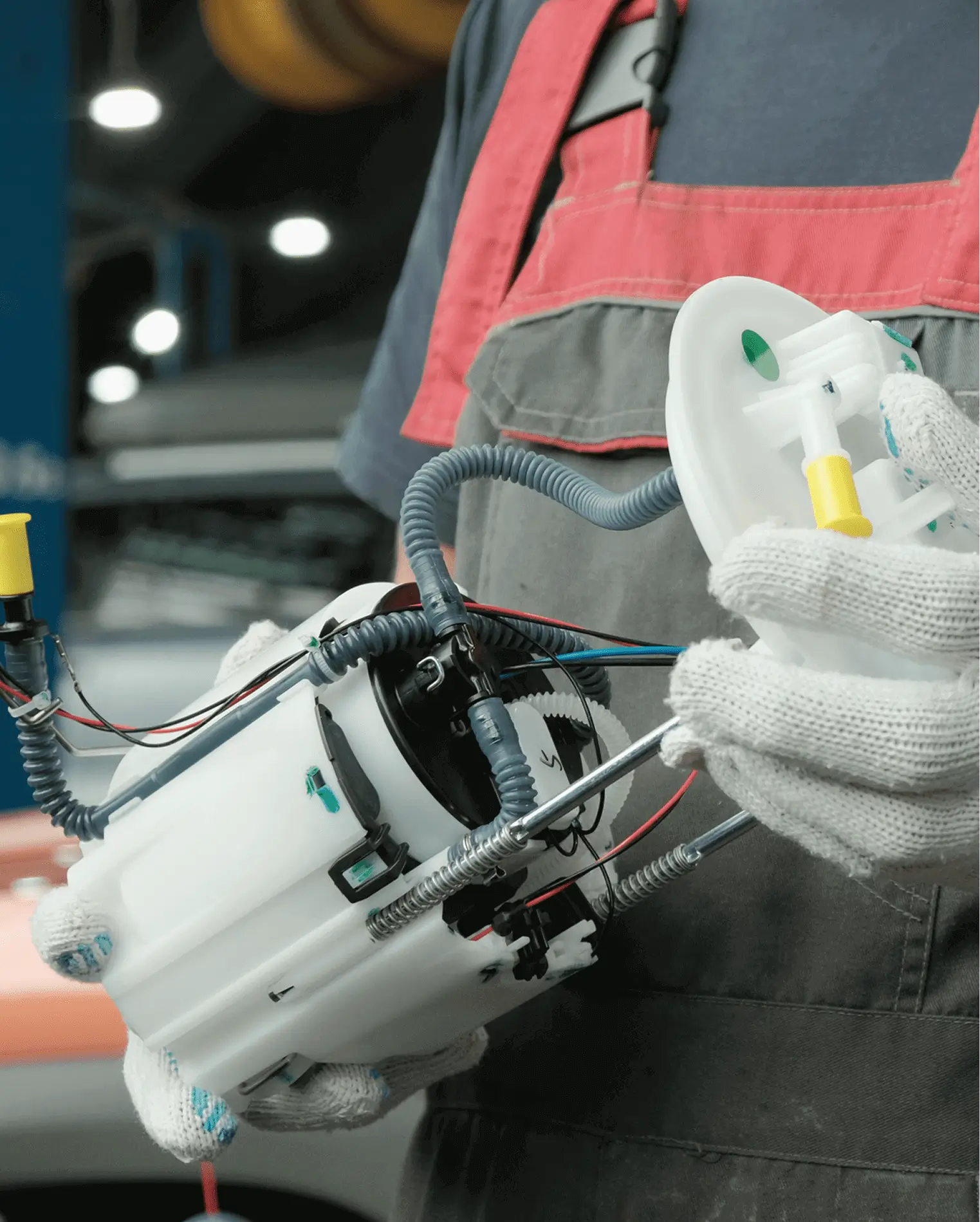 Mechanic holding vehicle fuel pump assembly.